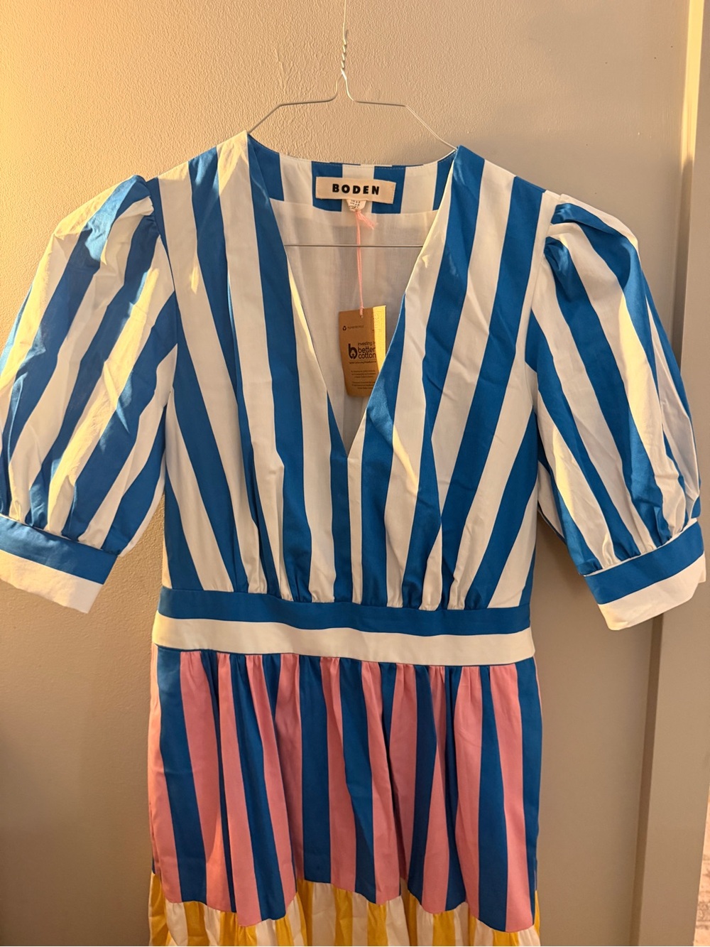 Boden V‑Neck Striped Puff Sleeve Dress in Blue, White, Pink & Yellow
